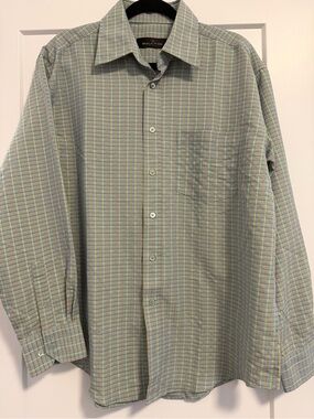 Bugatchi Men's Green Plaid Dress Shirt with Yellow & Blue Trim